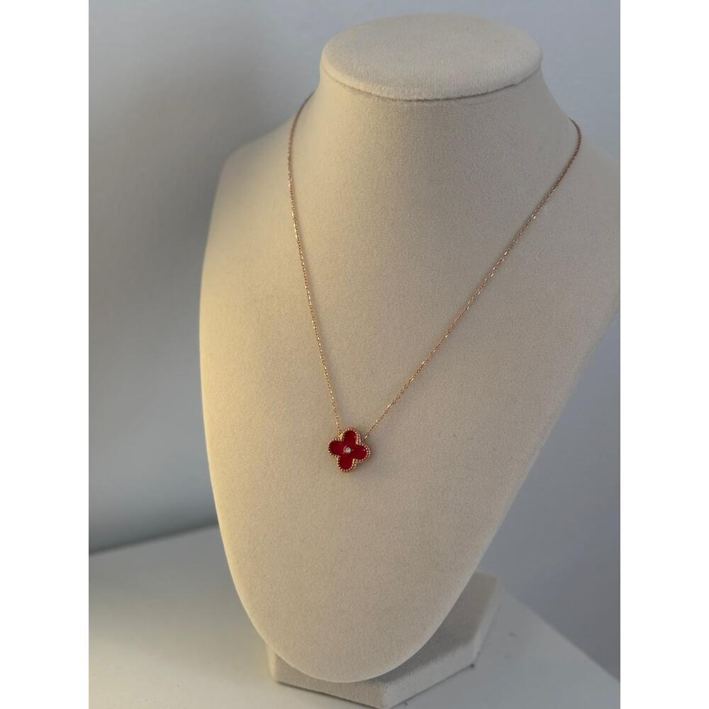Red Clover Necklace Gold Stainless Steel Flower Pendant Minimalist Gift - Picture 3 of 5
